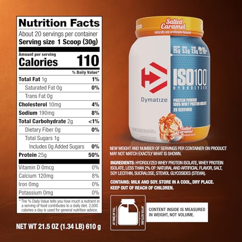Dymatize ISO100 Whey Protein Powder Isolate, Gourmet Vanilla, 25g of Protein, 5.5g BCAAs, Less Than 120 Cal., Gluten Free, 1g Fat, 1g Sugar, 2g Carb (20 Servings)