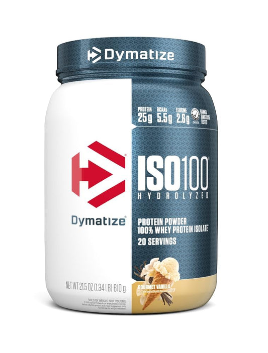 Dymatize ISO100 Whey Protein Powder Isolate, Gourmet Vanilla, 25g of Protein, 5.5g BCAAs, Less Than 120 Cal., Gluten Free, 1g Fat, 1g Sugar, 2g Carb (20 Servings)