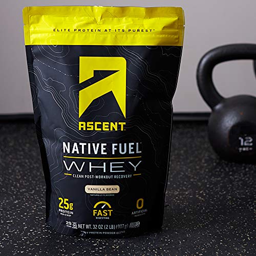 Ascent 100% Whey, Native Whey Protein Blend - Clean Post Workout Recovery, Digesting, Zero Artificial Flavors & Sweeteners, Gluten Free, 5.5g BCAA, 2.6g Leucine, Vanilla Bean 4 lb.