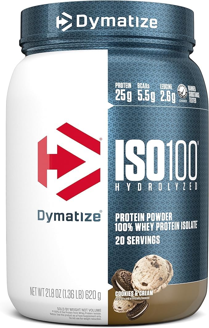 Dymatize ISO100 Whey Protein Powder Isolate, Gourmet Vanilla, 25g of Protein, 5.5g BCAAs, Less Than 120 Cal., Gluten Free, 1g Fat, 1g Sugar, 2g Carb (20 Servings)