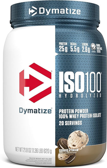 Dymatize ISO100 Whey Protein Powder Isolate, Gourmet Vanilla, 25g of Protein, 5.5g BCAAs, Less Than 120 Cal., Gluten Free, 1g Fat, 1g Sugar, 2g Carb (20 Servings)