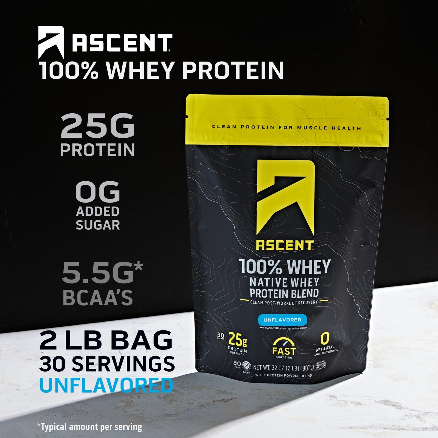 Ascent 100% Whey, Native Whey Protein Blend - Clean Post Workout Recovery, Digesting, Zero Artificial Flavors & Sweeteners, Gluten Free, 5.5g BCAA, 2.6g Leucine, Vanilla Bean 4 lb.