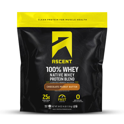 Ascent 100% Whey, Native Whey Protein Blend - Clean Post Workout Recovery, Digesting, Zero Artificial Flavors & Sweeteners, Gluten Free, 5.5g BCAA, 2.6g Leucine, Vanilla Bean 4 lb.