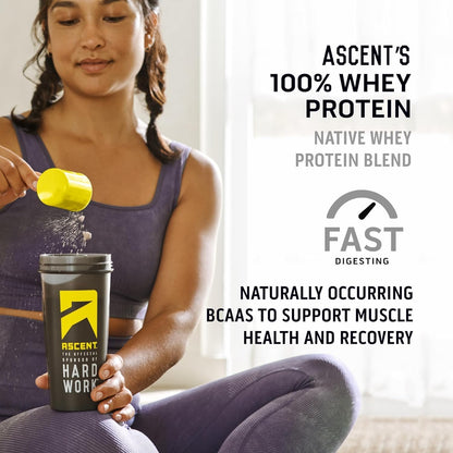 Ascent 100% Whey, Native Whey Protein Blend - Clean Post Workout Recovery, Digesting, Zero Artificial Flavors & Sweeteners, Gluten Free, 5.5g BCAA, 2.6g Leucine, Vanilla Bean 4 lb.