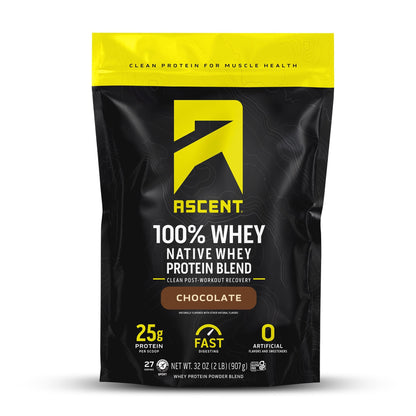 Ascent 100% Whey, Native Whey Protein Blend - Clean Post Workout Recovery, Digesting, Zero Artificial Flavors & Sweeteners, Gluten Free, 5.5g BCAA, 2.6g Leucine, Vanilla Bean 4 lb.