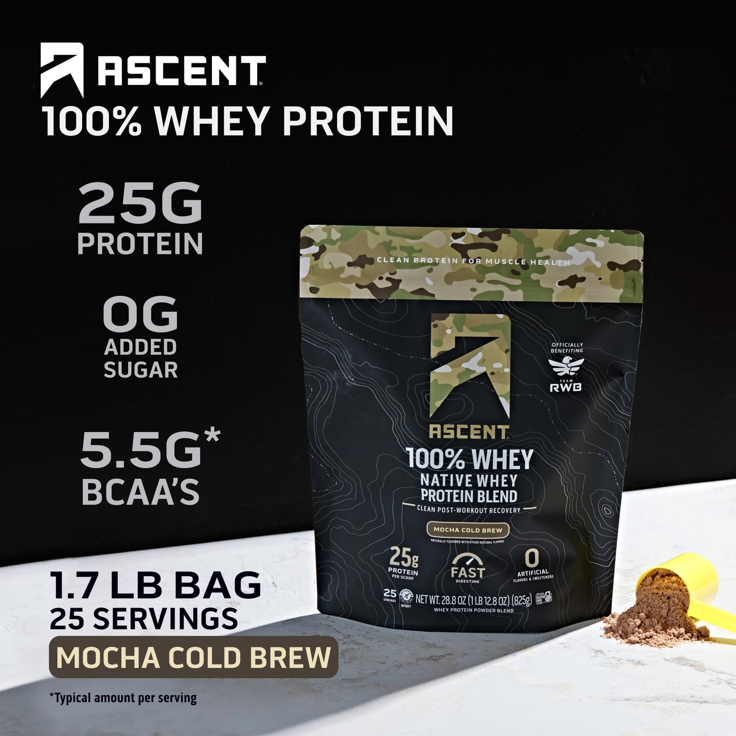Ascent 100% Whey, Native Whey Protein Blend - Clean Post Workout Recovery, Digesting, Zero Artificial Flavors & Sweeteners, Gluten Free, 5.5g BCAA, 2.6g Leucine, Vanilla Bean 4 lb.
