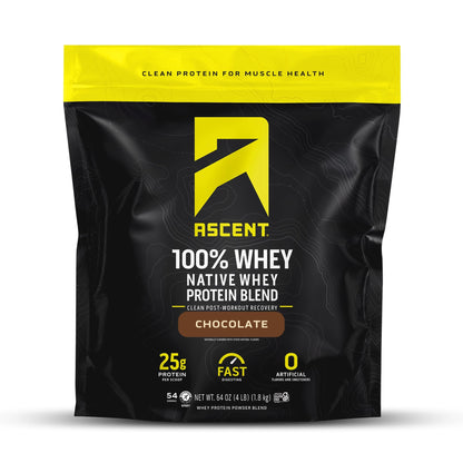 Ascent 100% Whey, Native Whey Protein Blend - Clean Post Workout Recovery, Digesting, Zero Artificial Flavors & Sweeteners, Gluten Free, 5.5g BCAA, 2.6g Leucine, Vanilla Bean 4 lb.