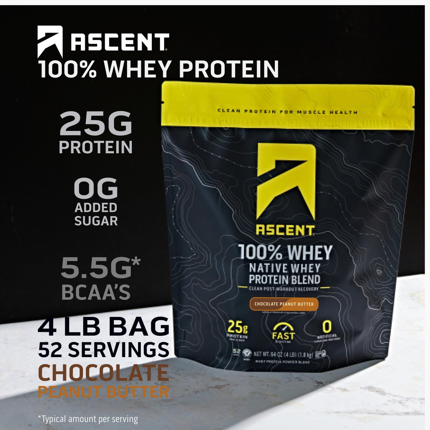 Ascent 100% Whey, Native Whey Protein Blend - Clean Post Workout Recovery, Digesting, Zero Artificial Flavors & Sweeteners, Gluten Free, 5.5g BCAA, 2.6g Leucine, Vanilla Bean 4 lb.
