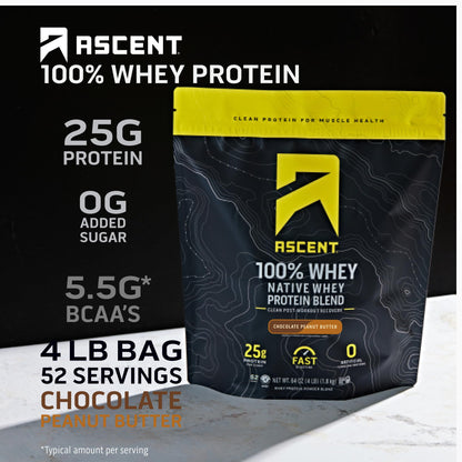 Ascent 100% Whey, Native Whey Protein Blend - Clean Post Workout Recovery, Digesting, Zero Artificial Flavors & Sweeteners, Gluten Free, 5.5g BCAA, 2.6g Leucine, Vanilla Bean 4 lb.