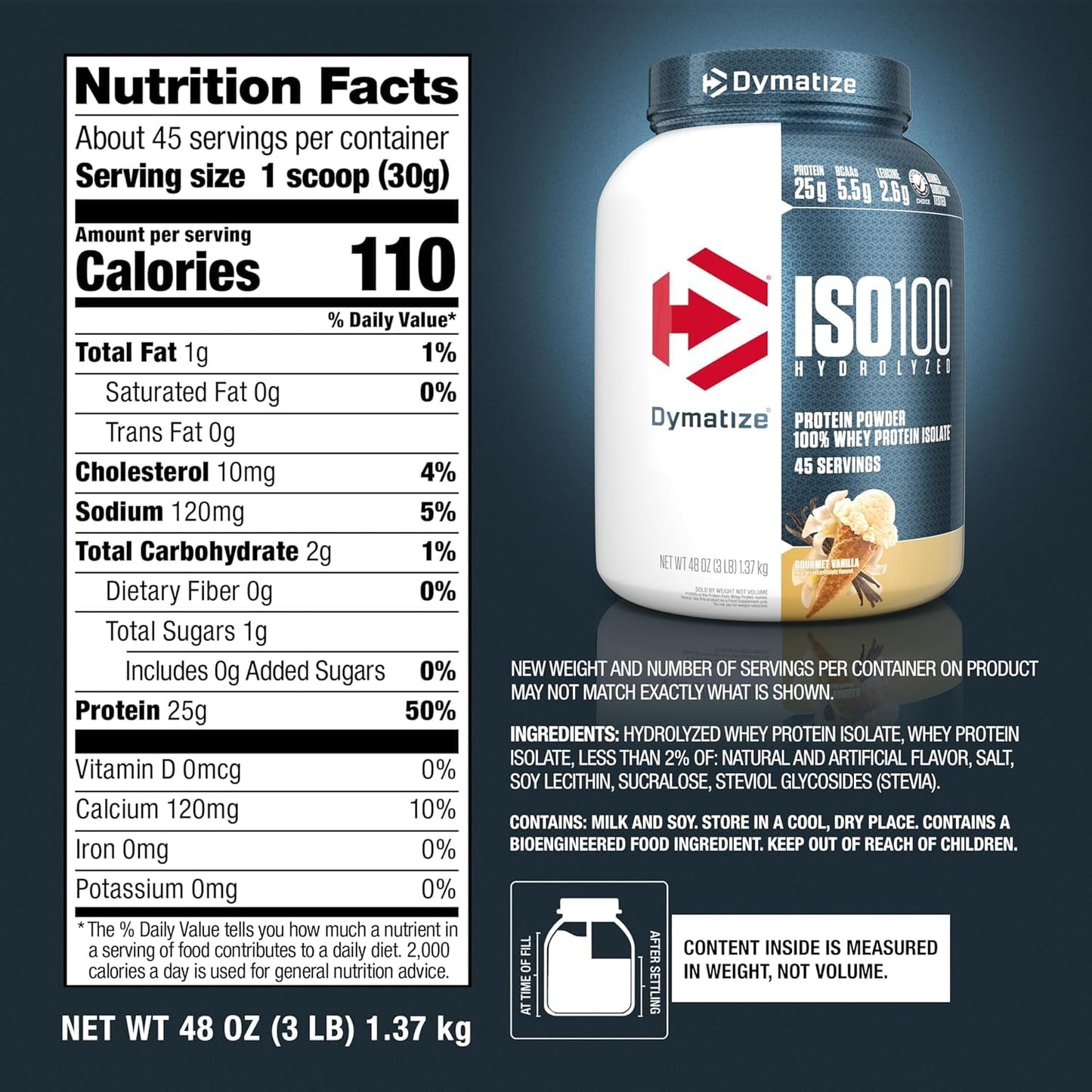 Dymatize ISO100 Whey Protein Powder Isolate, Gourmet Vanilla, 25g of Protein, 5.5g BCAAs, Less Than 120 Cal., Gluten Free, 1g Fat, 1g Sugar, 2g Carb (20 Servings)