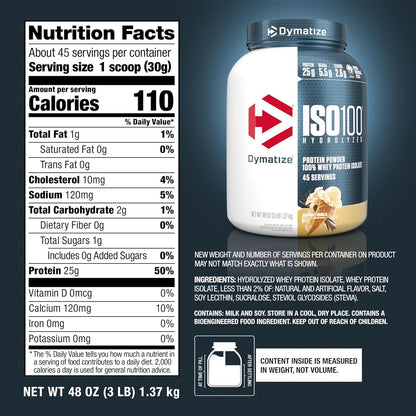 Dymatize ISO100 Whey Protein Powder Isolate, Gourmet Vanilla, 25g of Protein, 5.5g BCAAs, Less Than 120 Cal., Gluten Free, 1g Fat, 1g Sugar, 2g Carb (20 Servings)