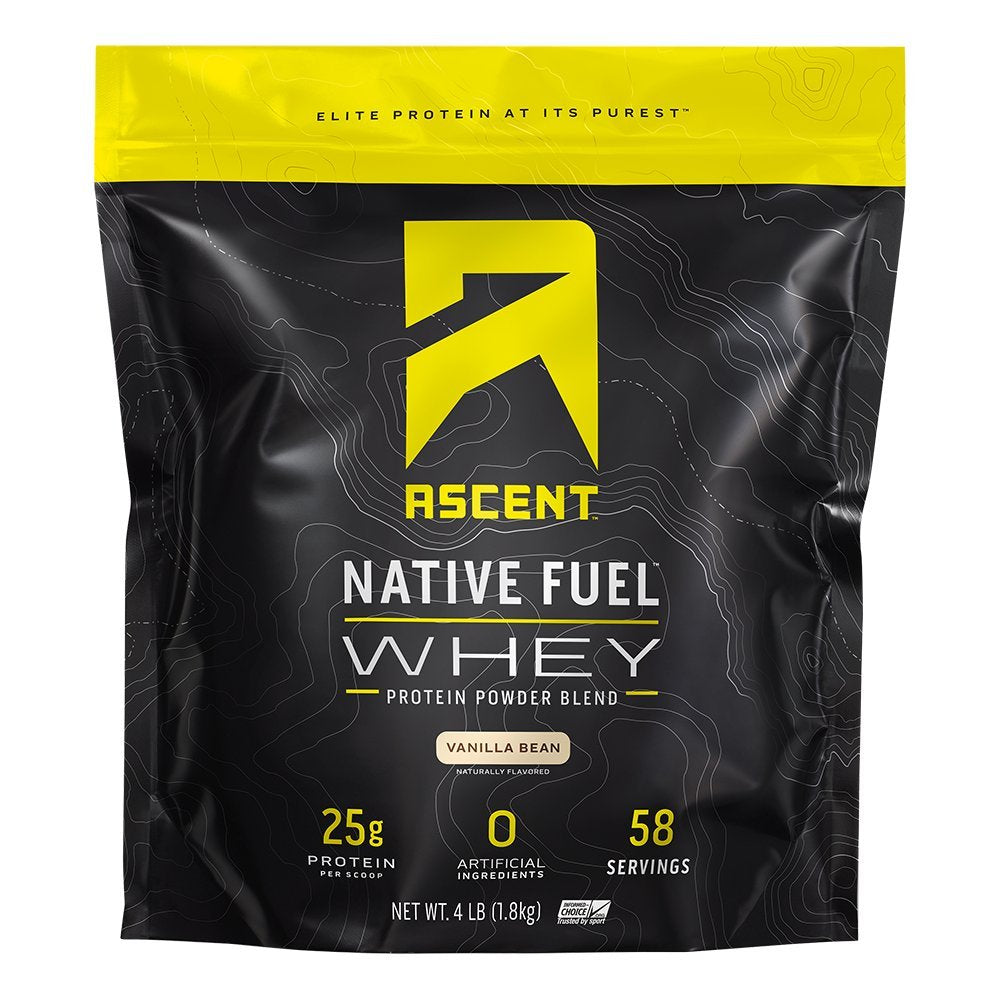 Ascent 100% Whey, Native Whey Protein Blend - Clean Post Workout Recovery, Digesting, Zero Artificial Flavors & Sweeteners, Gluten Free, 5.5g BCAA, 2.6g Leucine, Vanilla Bean 4 lb.