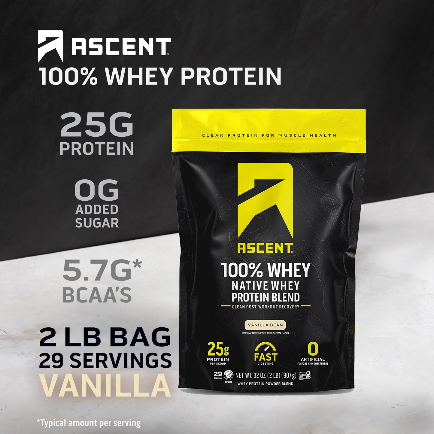 Ascent 100% Whey, Native Whey Protein Blend - Clean Post Workout Recovery, Digesting, Zero Artificial Flavors & Sweeteners, Gluten Free, 5.5g BCAA, 2.6g Leucine, Vanilla Bean 4 lb.
