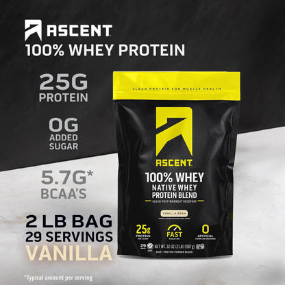 Ascent 100% Whey, Native Whey Protein Blend - Clean Post Workout Recovery, Digesting, Zero Artificial Flavors & Sweeteners, Gluten Free, 5.5g BCAA, 2.6g Leucine, Vanilla Bean 4 lb.