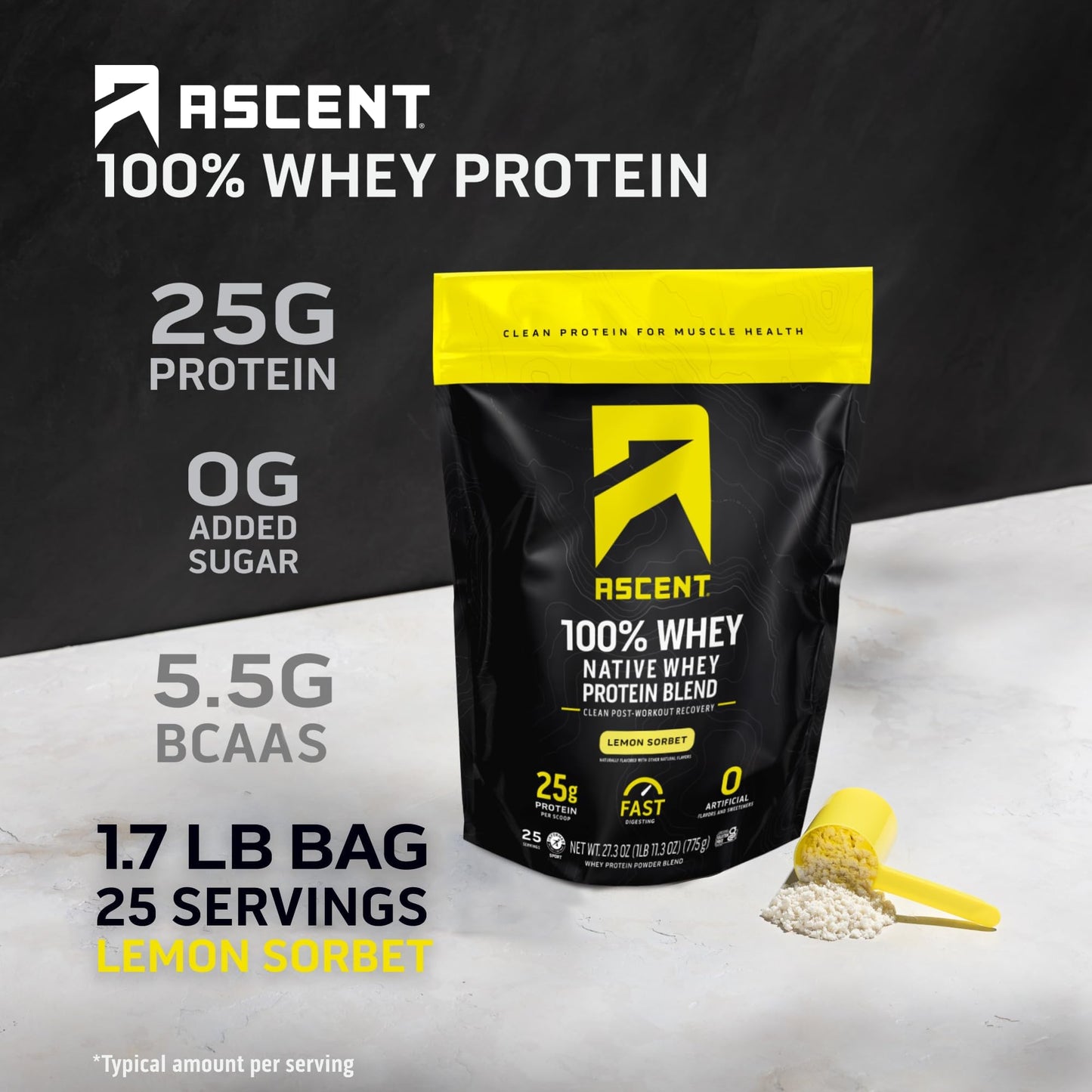Ascent 100% Whey, Native Whey Protein Blend - Clean Post Workout Recovery, Digesting, Zero Artificial Flavors & Sweeteners, Gluten Free, 5.5g BCAA, 2.6g Leucine, Vanilla Bean 4 lb.