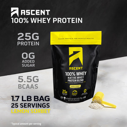 Ascent 100% Whey, Native Whey Protein Blend - Clean Post Workout Recovery, Digesting, Zero Artificial Flavors & Sweeteners, Gluten Free, 5.5g BCAA, 2.6g Leucine, Vanilla Bean 4 lb.