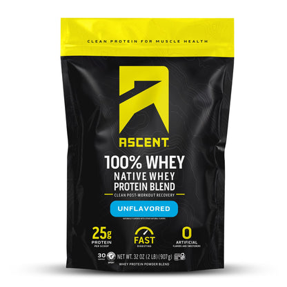Ascent 100% Whey, Native Whey Protein Blend - Clean Post Workout Recovery, Digesting, Zero Artificial Flavors & Sweeteners, Gluten Free, 5.5g BCAA, 2.6g Leucine, Vanilla Bean 4 lb.