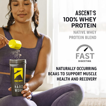 Ascent 100% Whey, Native Whey Protein Blend - Clean Post Workout Recovery, Digesting, Zero Artificial Flavors & Sweeteners, Gluten Free, 5.5g BCAA, 2.6g Leucine, Vanilla Bean 4 lb.