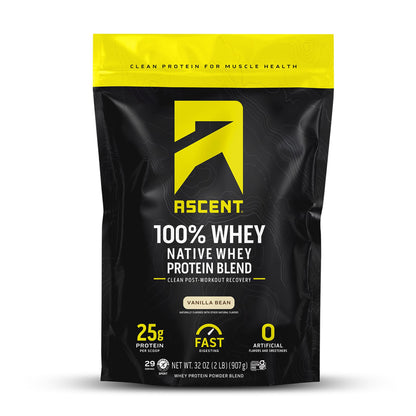Ascent 100% Whey, Native Whey Protein Blend - Clean Post Workout Recovery, Digesting, Zero Artificial Flavors & Sweeteners, Gluten Free, 5.5g BCAA, 2.6g Leucine, Vanilla Bean 4 lb.