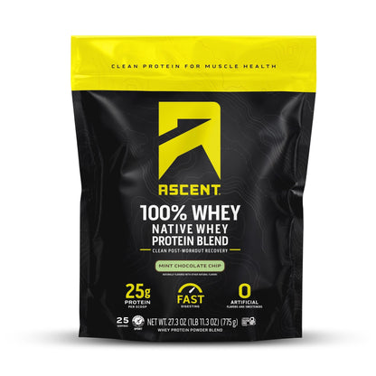 Ascent 100% Whey, Native Whey Protein Blend - Clean Post Workout Recovery, Digesting, Zero Artificial Flavors & Sweeteners, Gluten Free, 5.5g BCAA, 2.6g Leucine, Vanilla Bean 4 lb.