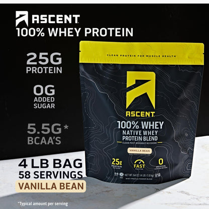 Ascent 100% Whey, Native Whey Protein Blend - Clean Post Workout Recovery, Digesting, Zero Artificial Flavors & Sweeteners, Gluten Free, 5.5g BCAA, 2.6g Leucine, Vanilla Bean 4 lb.