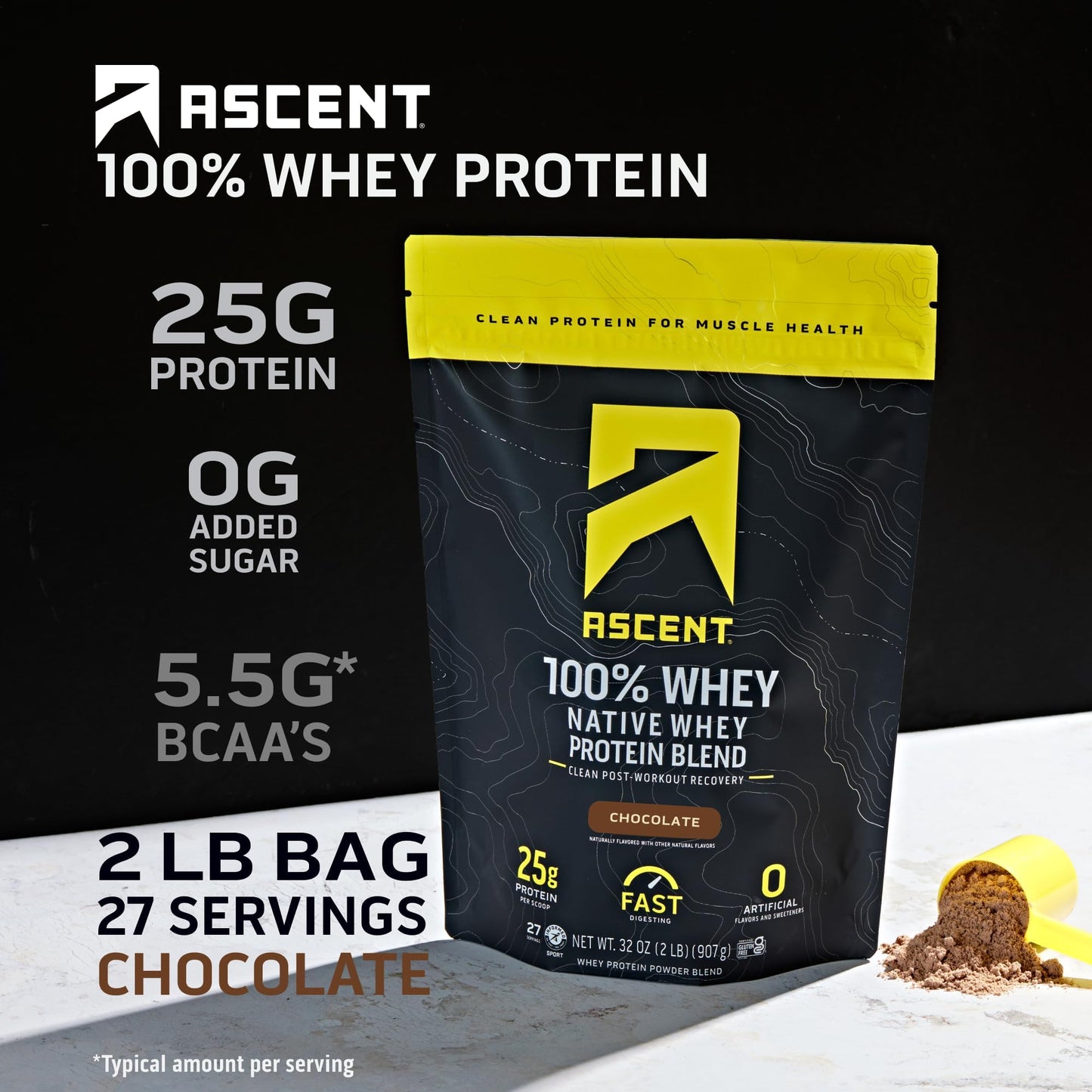 Ascent 100% Whey, Native Whey Protein Blend - Clean Post Workout Recovery, Digesting, Zero Artificial Flavors & Sweeteners, Gluten Free, 5.5g BCAA, 2.6g Leucine, Vanilla Bean 4 lb.