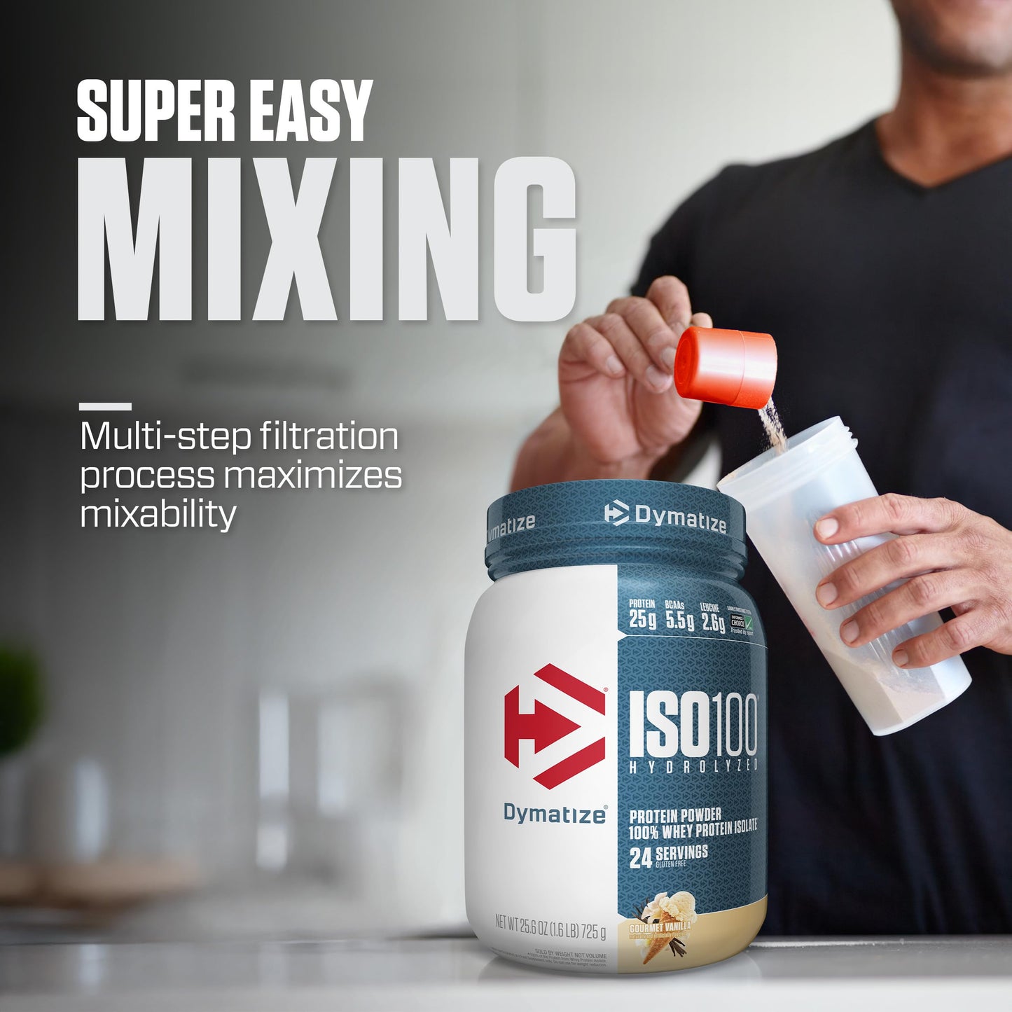 Dymatize ISO100 Whey Protein Powder Isolate, Gourmet Vanilla, 25g of Protein, 5.5g BCAAs, Less Than 120 Cal., Gluten Free, 1g Fat, 1g Sugar, 2g Carb (20 Servings)