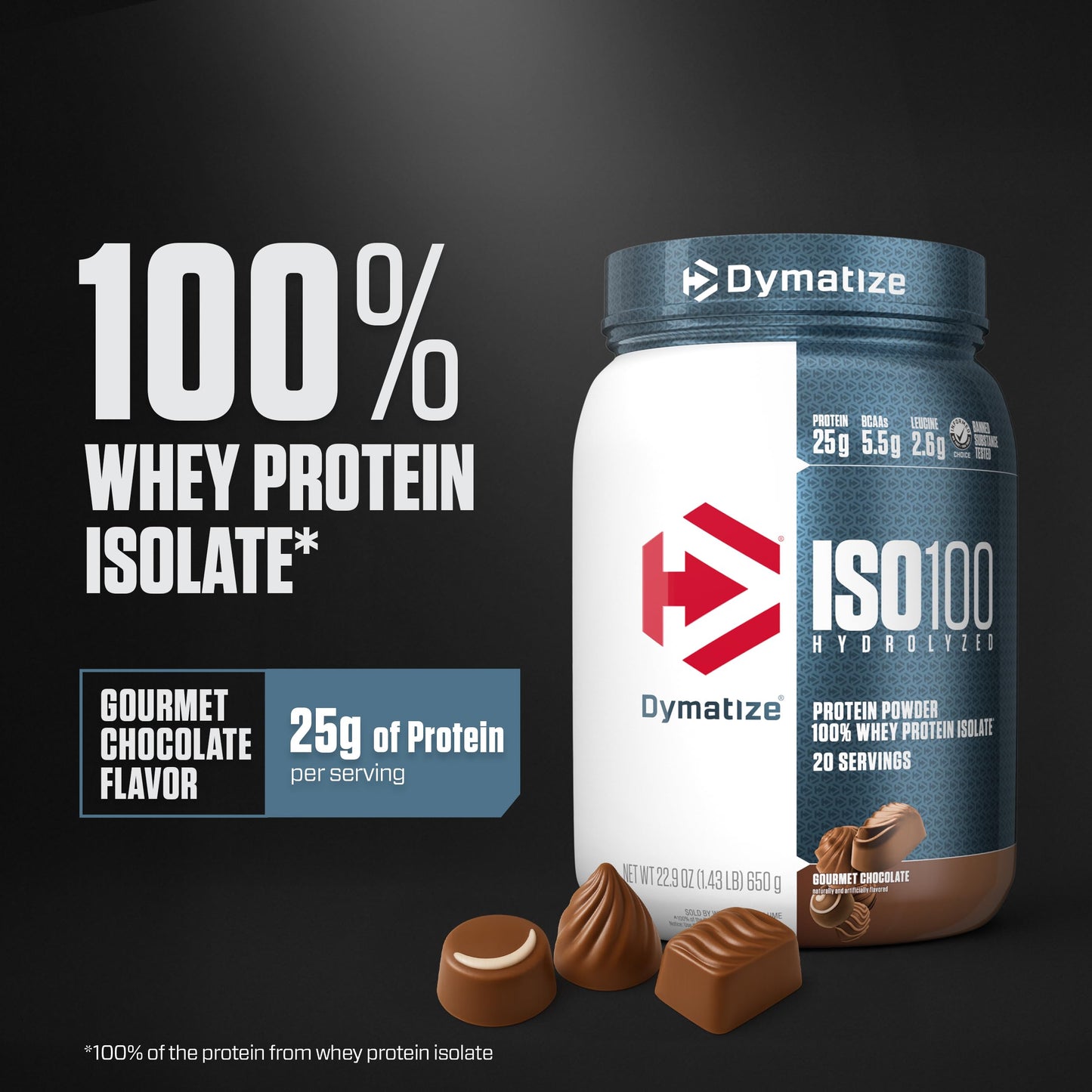 Dymatize ISO100 Whey Protein Powder Isolate, Gourmet Vanilla, 25g of Protein, 5.5g BCAAs, Less Than 120 Cal., Gluten Free, 1g Fat, 1g Sugar, 2g Carb (20 Servings)