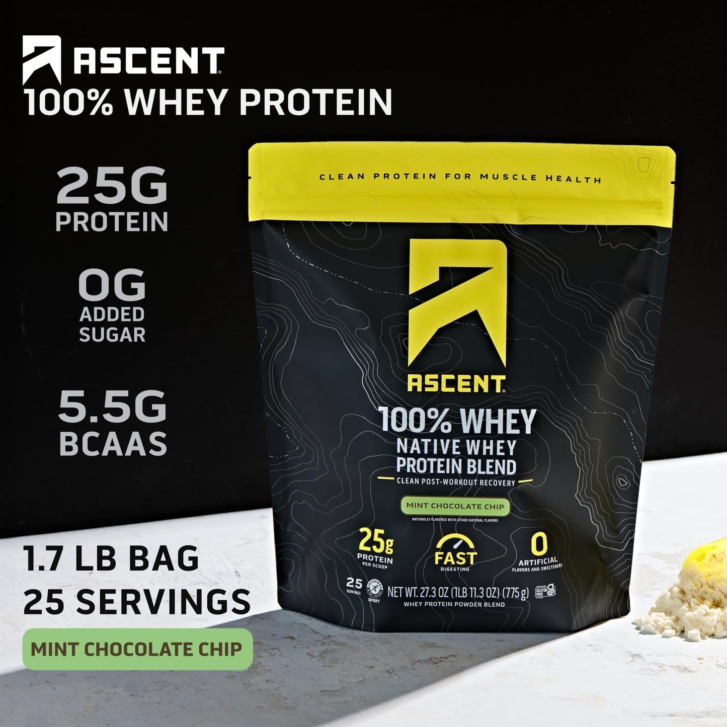 Ascent 100% Whey, Native Whey Protein Blend - Clean Post Workout Recovery, Digesting, Zero Artificial Flavors & Sweeteners, Gluten Free, 5.5g BCAA, 2.6g Leucine, Vanilla Bean 4 lb.