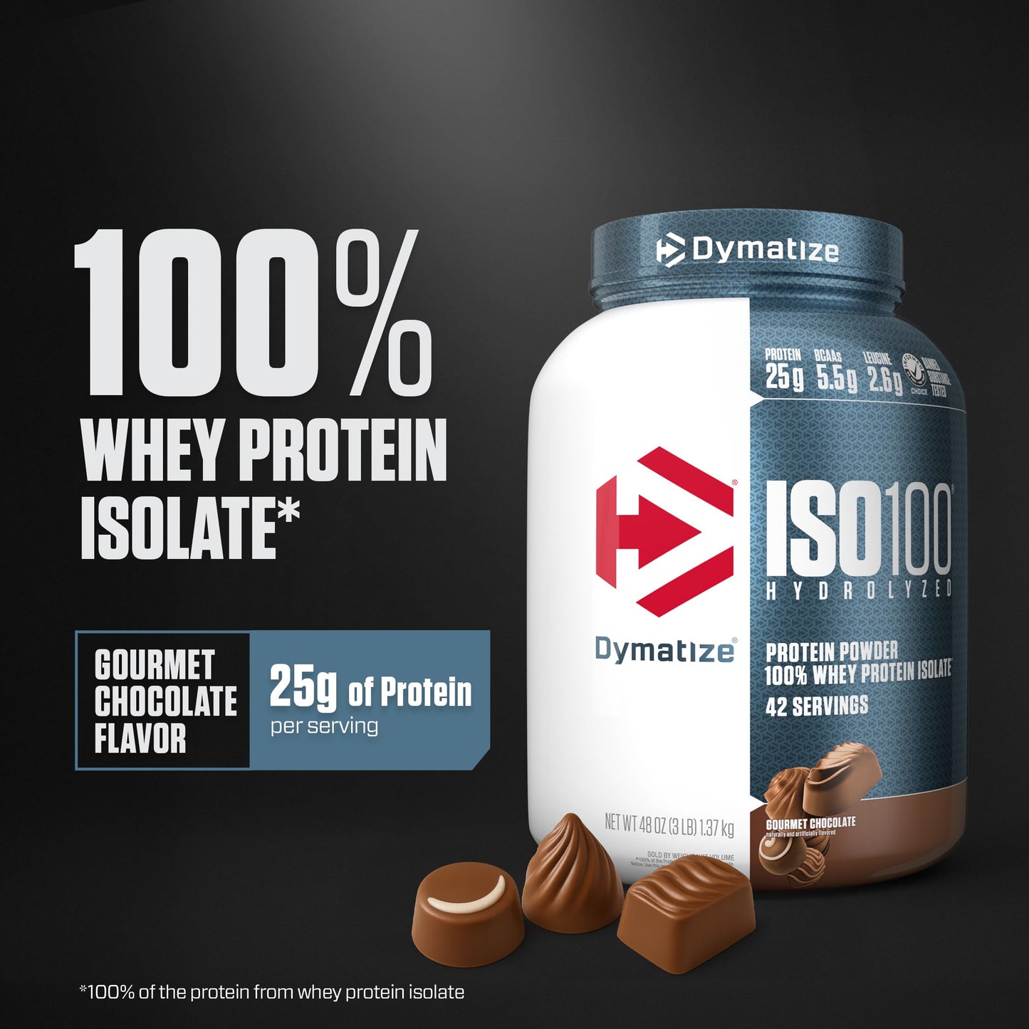 Dymatize ISO100 Whey Protein Powder Isolate, Gourmet Vanilla, 25g of Protein, 5.5g BCAAs, Less Than 120 Cal., Gluten Free, 1g Fat, 1g Sugar, 2g Carb (20 Servings)