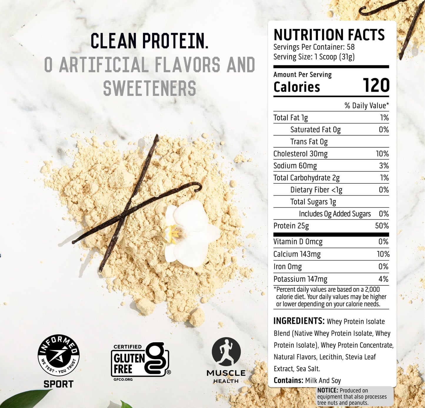 Ascent 100% Whey, Native Whey Protein Blend - Clean Post Workout Recovery, Digesting, Zero Artificial Flavors & Sweeteners, Gluten Free, 5.5g BCAA, 2.6g Leucine, Vanilla Bean 4 lb.