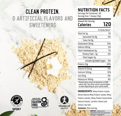 Ascent 100% Whey, Native Whey Protein Blend - Clean Post Workout Recovery, Digesting, Zero Artificial Flavors & Sweeteners, Gluten Free, 5.5g BCAA, 2.6g Leucine, Vanilla Bean 4 lb.