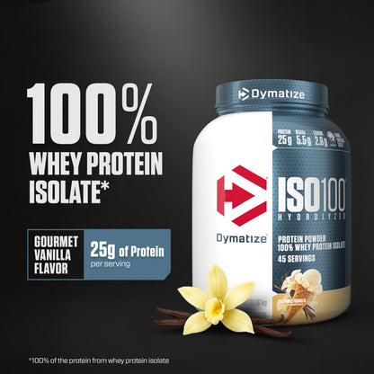 Dymatize ISO100 Whey Protein Powder Isolate, Gourmet Vanilla, 25g of Protein, 5.5g BCAAs, Less Than 120 Cal., Gluten Free, 1g Fat, 1g Sugar, 2g Carb (20 Servings)