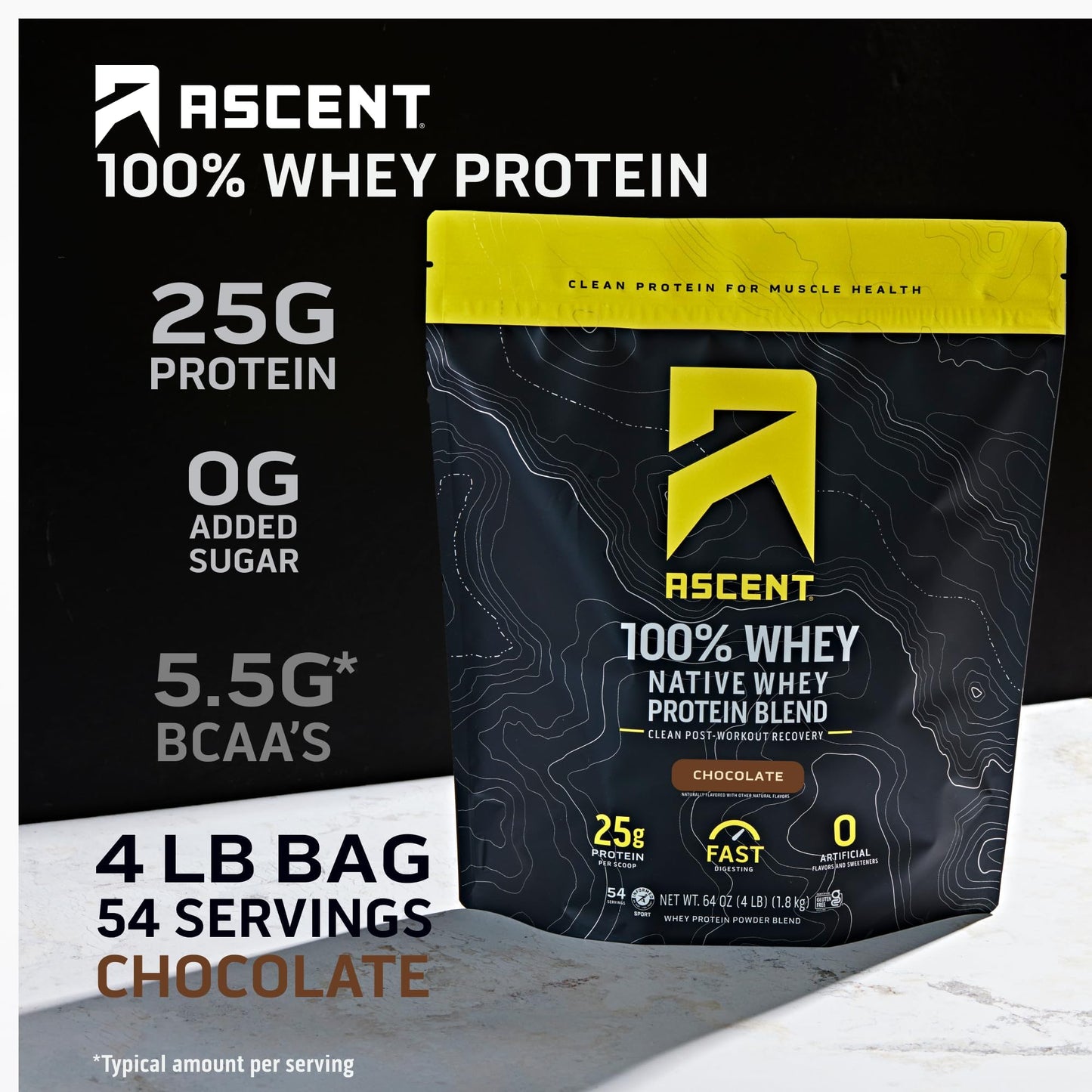 Ascent 100% Whey, Native Whey Protein Blend - Clean Post Workout Recovery, Digesting, Zero Artificial Flavors & Sweeteners, Gluten Free, 5.5g BCAA, 2.6g Leucine, Vanilla Bean 4 lb.