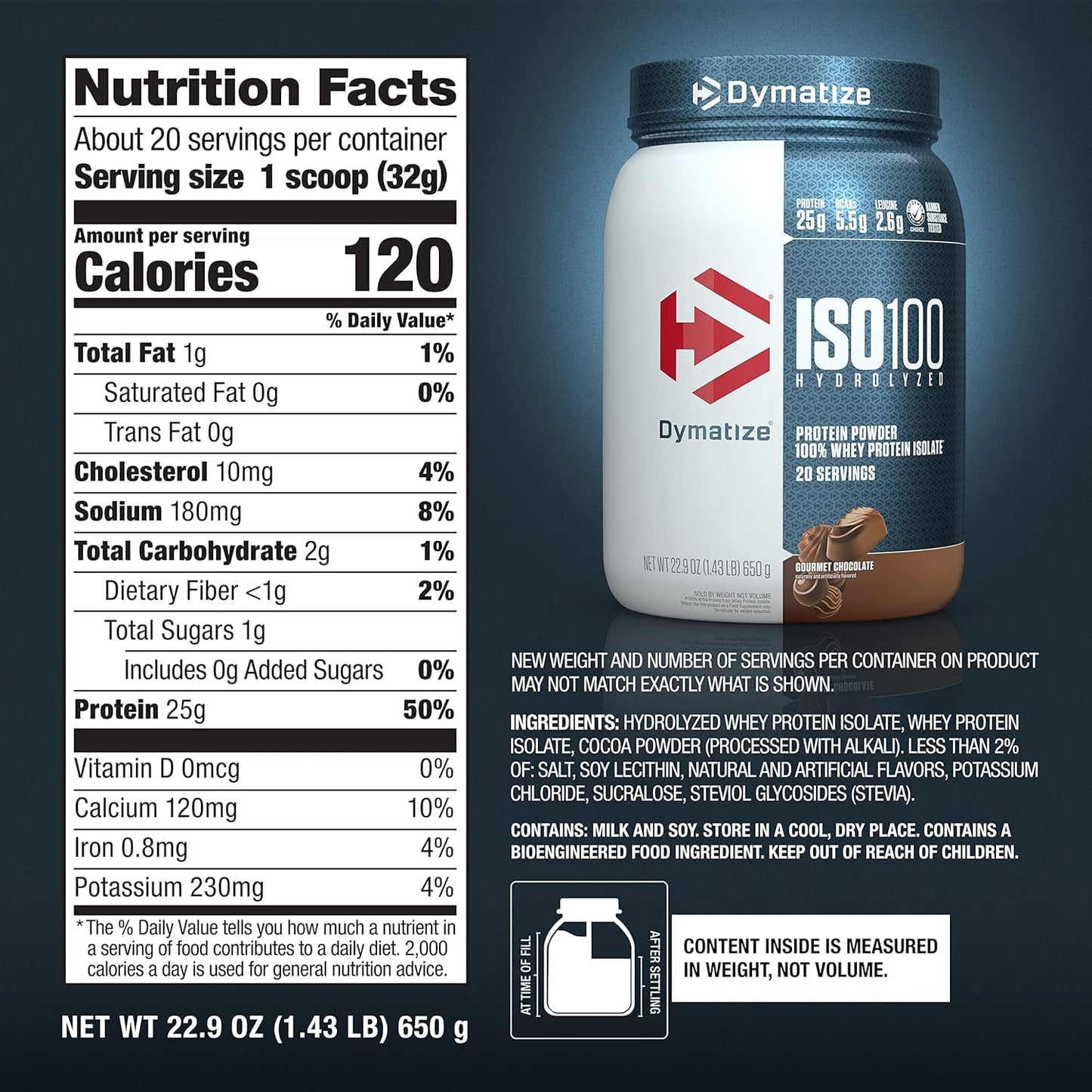 Dymatize ISO100 Whey Protein Powder Isolate, Gourmet Vanilla, 25g of Protein, 5.5g BCAAs, Less Than 120 Cal., Gluten Free, 1g Fat, 1g Sugar, 2g Carb (20 Servings)