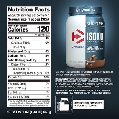 Dymatize ISO100 Whey Protein Powder Isolate, Gourmet Vanilla, 25g of Protein, 5.5g BCAAs, Less Than 120 Cal., Gluten Free, 1g Fat, 1g Sugar, 2g Carb (20 Servings)