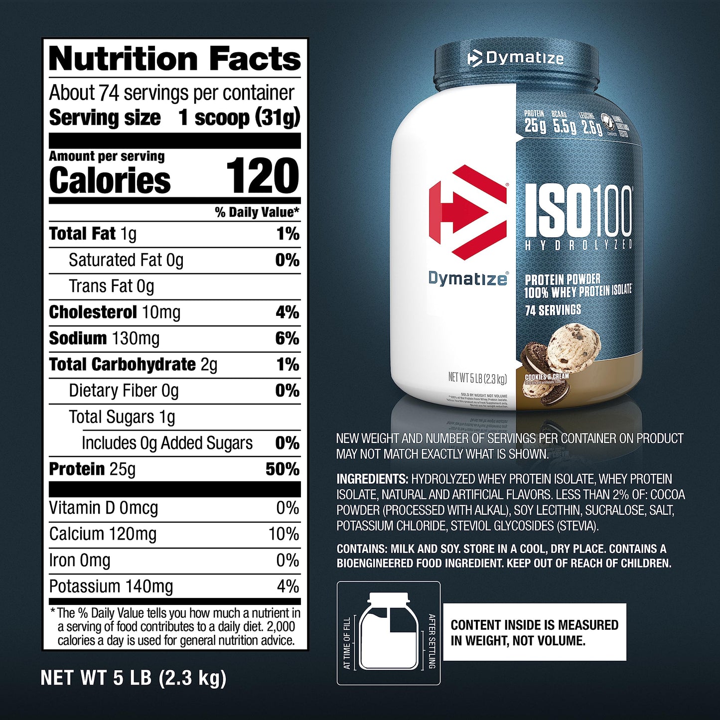 Dymatize ISO100 Whey Protein Powder Isolate, Gourmet Vanilla, 25g of Protein, 5.5g BCAAs, Less Than 120 Cal., Gluten Free, 1g Fat, 1g Sugar, 2g Carb (20 Servings)