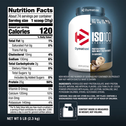 Dymatize ISO100 Whey Protein Powder Isolate, Gourmet Vanilla, 25g of Protein, 5.5g BCAAs, Less Than 120 Cal., Gluten Free, 1g Fat, 1g Sugar, 2g Carb (20 Servings)