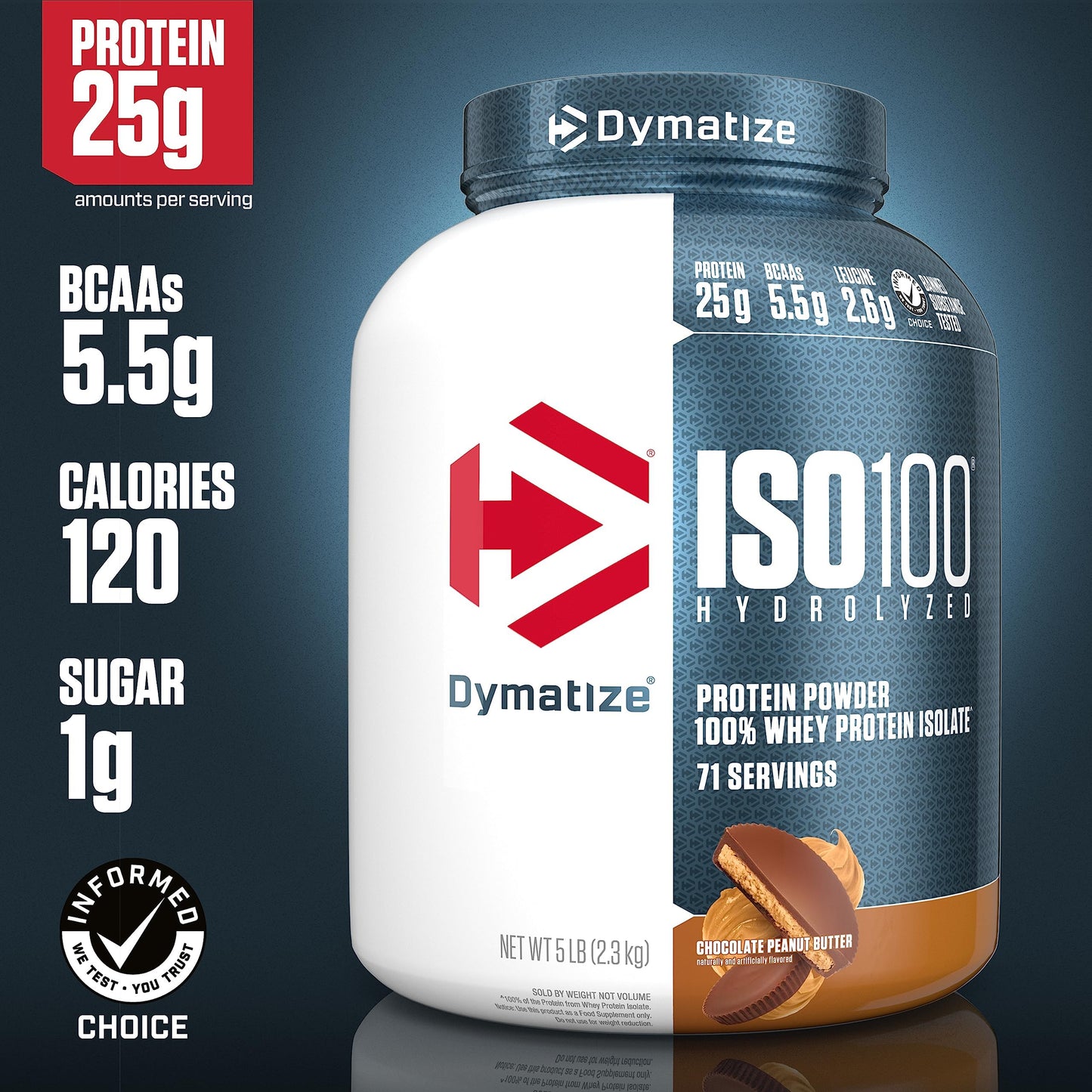 Dymatize ISO100 Whey Protein Powder Isolate, Gourmet Vanilla, 25g of Protein, 5.5g BCAAs, Less Than 120 Cal., Gluten Free, 1g Fat, 1g Sugar, 2g Carb (20 Servings)