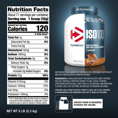 Dymatize ISO100 Whey Protein Powder Isolate, Gourmet Vanilla, 25g of Protein, 5.5g BCAAs, Less Than 120 Cal., Gluten Free, 1g Fat, 1g Sugar, 2g Carb (20 Servings)